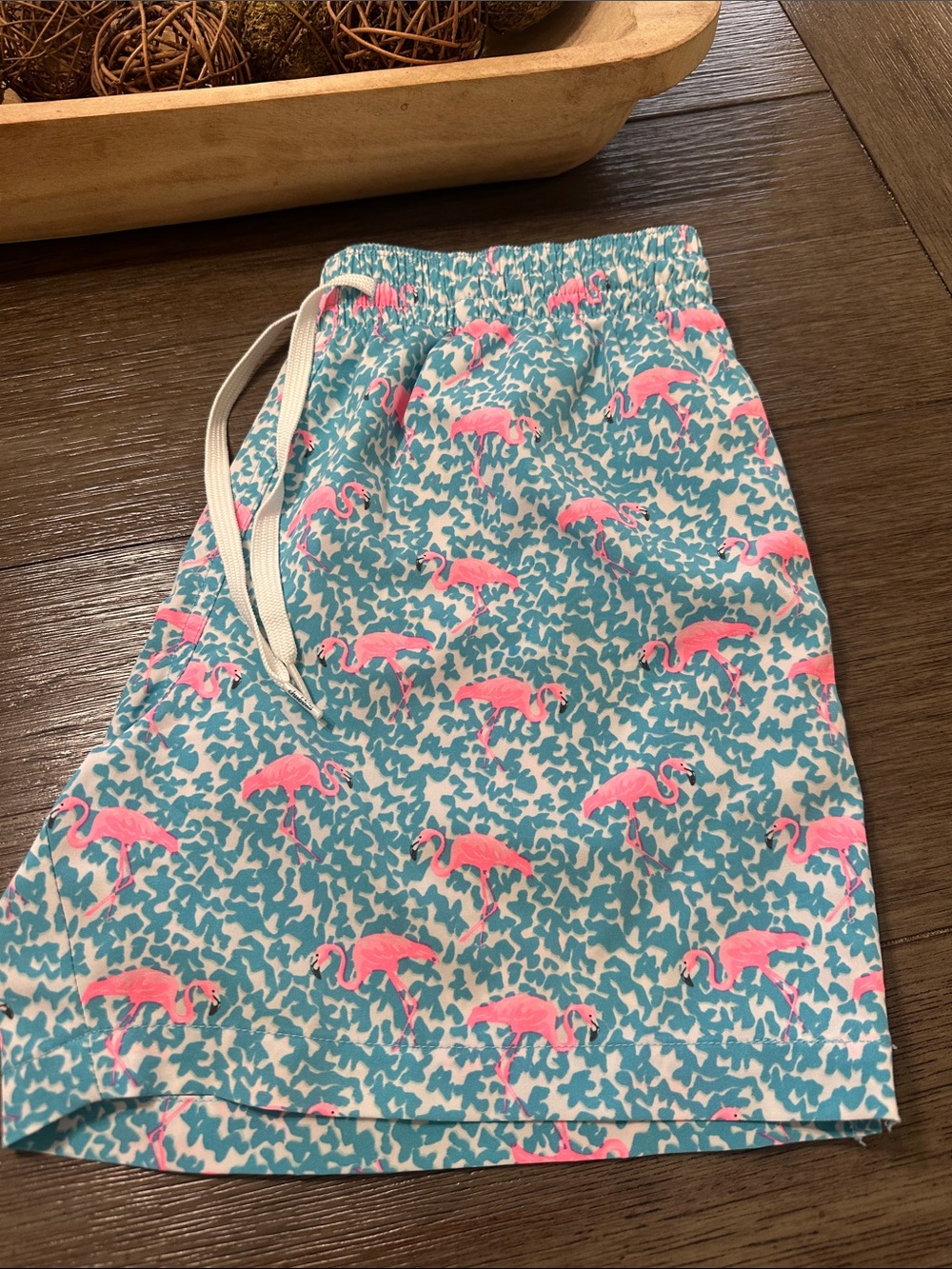 Men’s  Pink Flamingo Print swimming trunks.. Blue & Pink